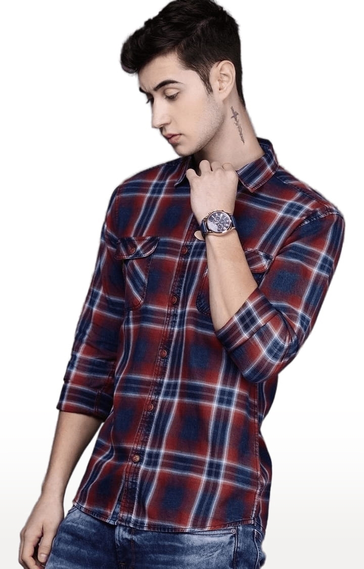 Men's Blue & Red Cotton Checkered Casual Shirt