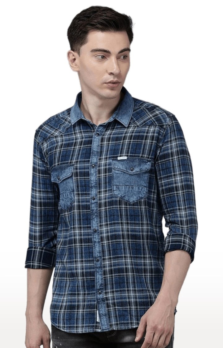 Men's Blue Cotton Checkered Casual Shirt