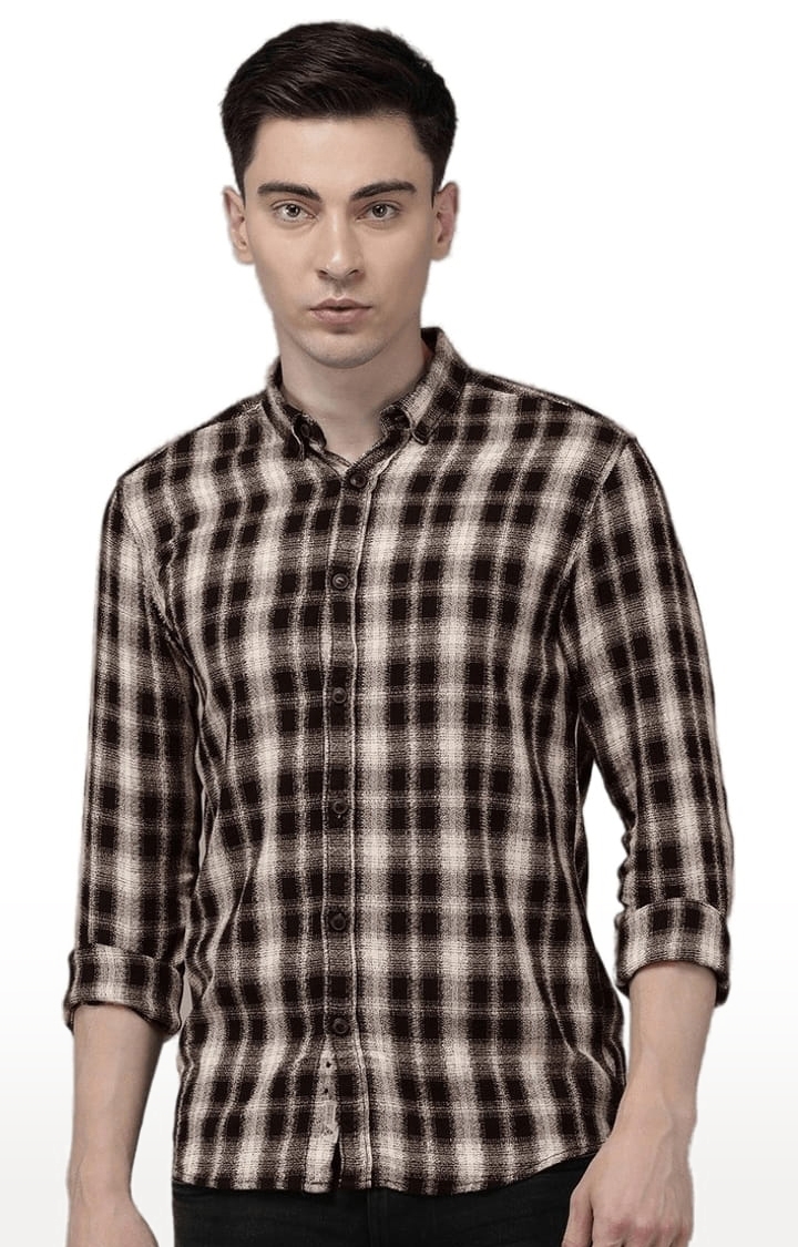 Men's Brown Cotton Checkered Casual Shirt