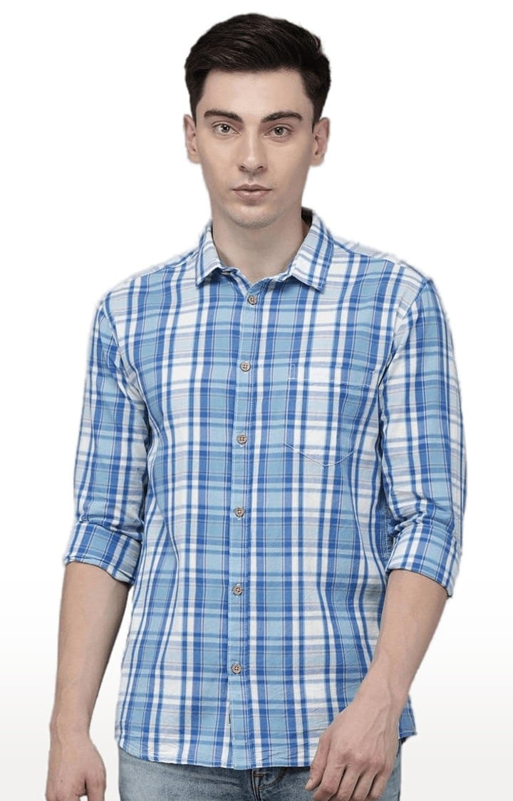 Men's Blue Cotton Checkered Casual Shirt