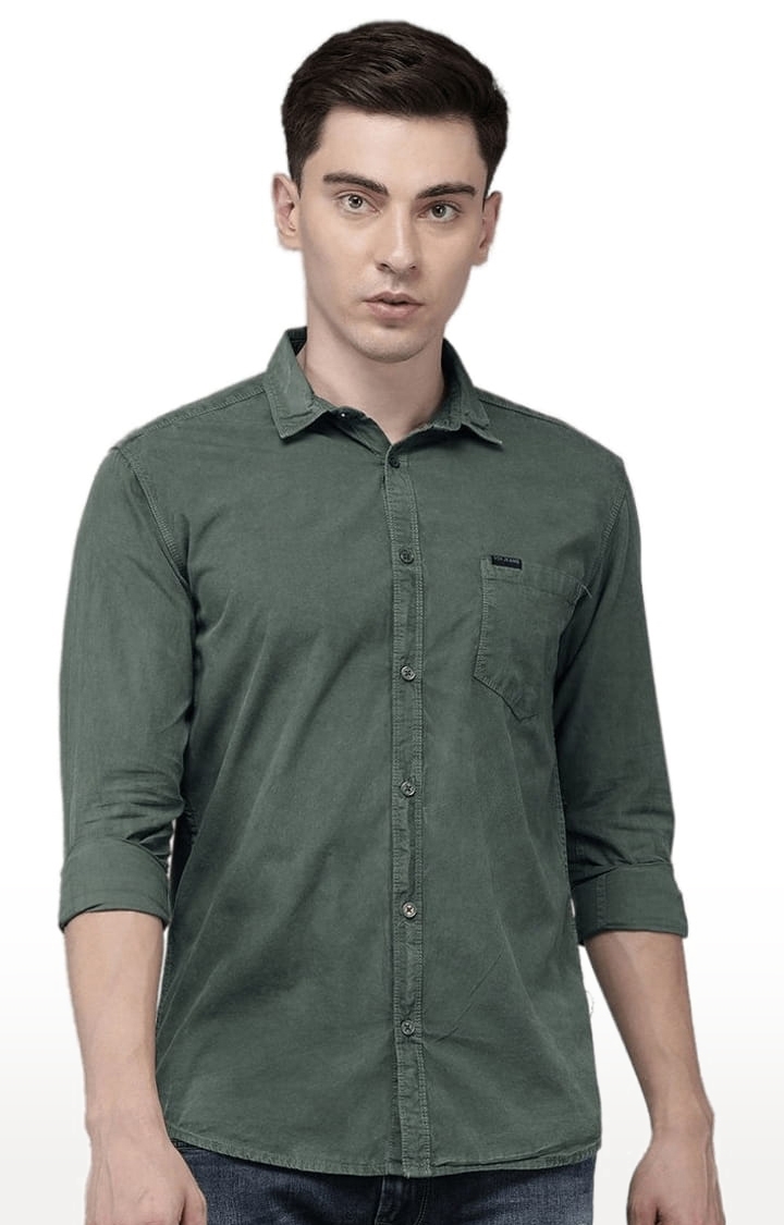 Men's Olive Cotton Solid Casual Shirt