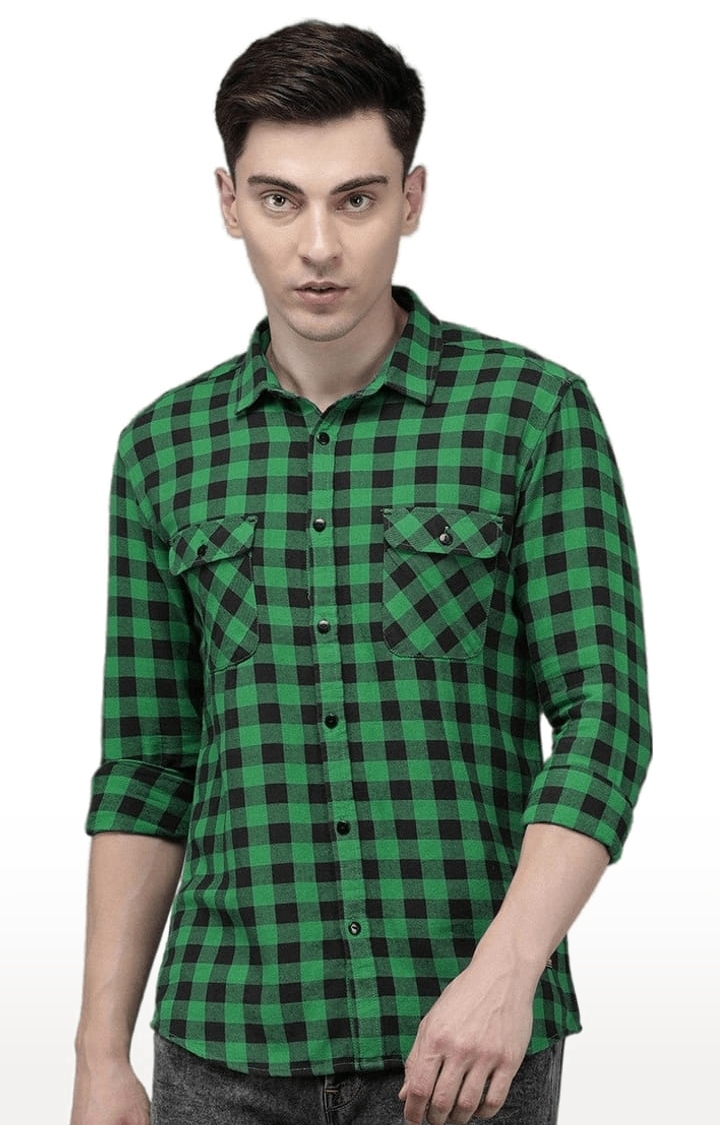 Men's Olive & Black Cotton Checkered Casual Shirt
