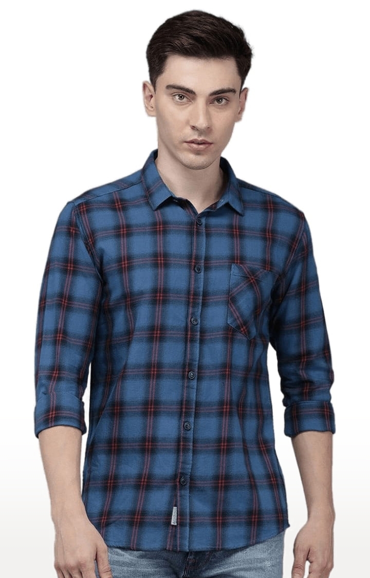 Men's Blue Cotton Checkered Casual Shirt