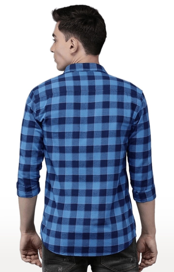 Men's Blue Cotton Checkered Casual Shirt