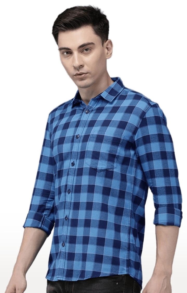 Men's Blue Cotton Checkered Casual Shirt