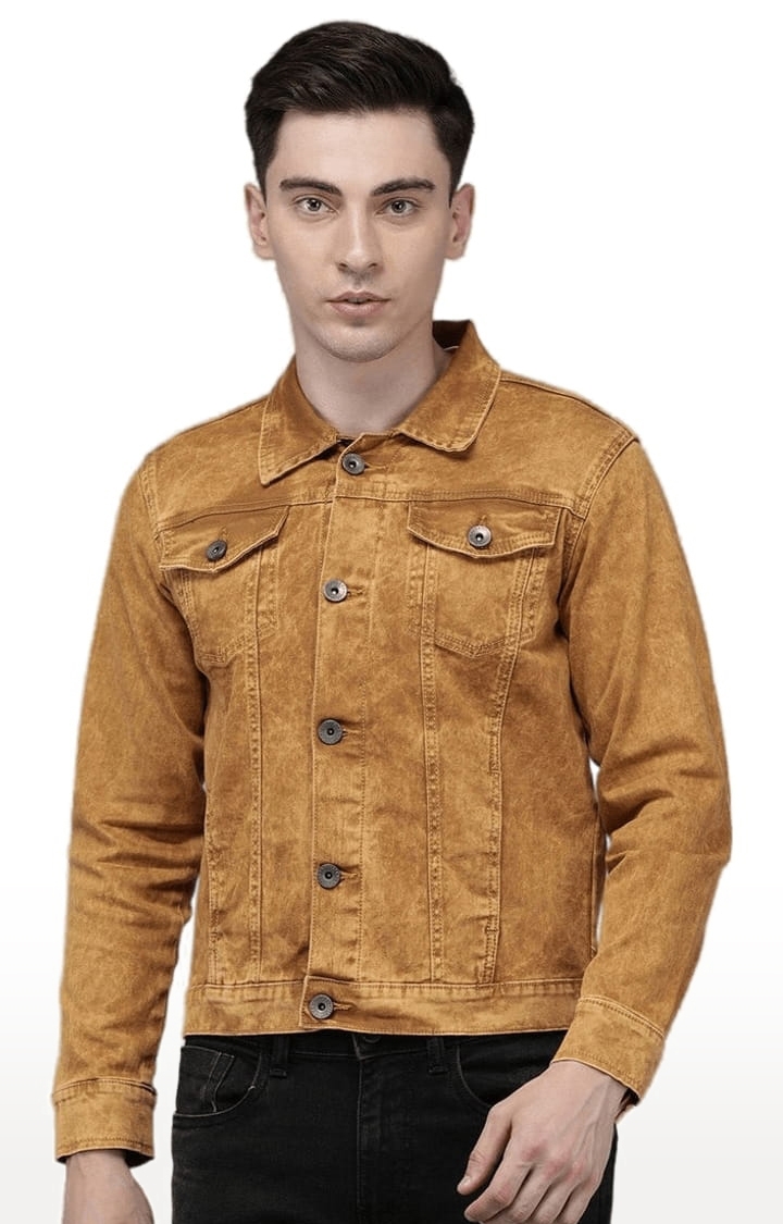 Men's Brown Cotton Solid Denim Jacket