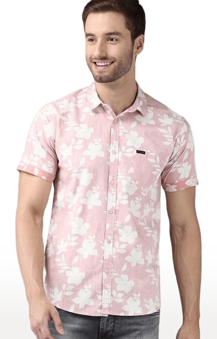 Men's Pink Cotton Floral Casual Shirt