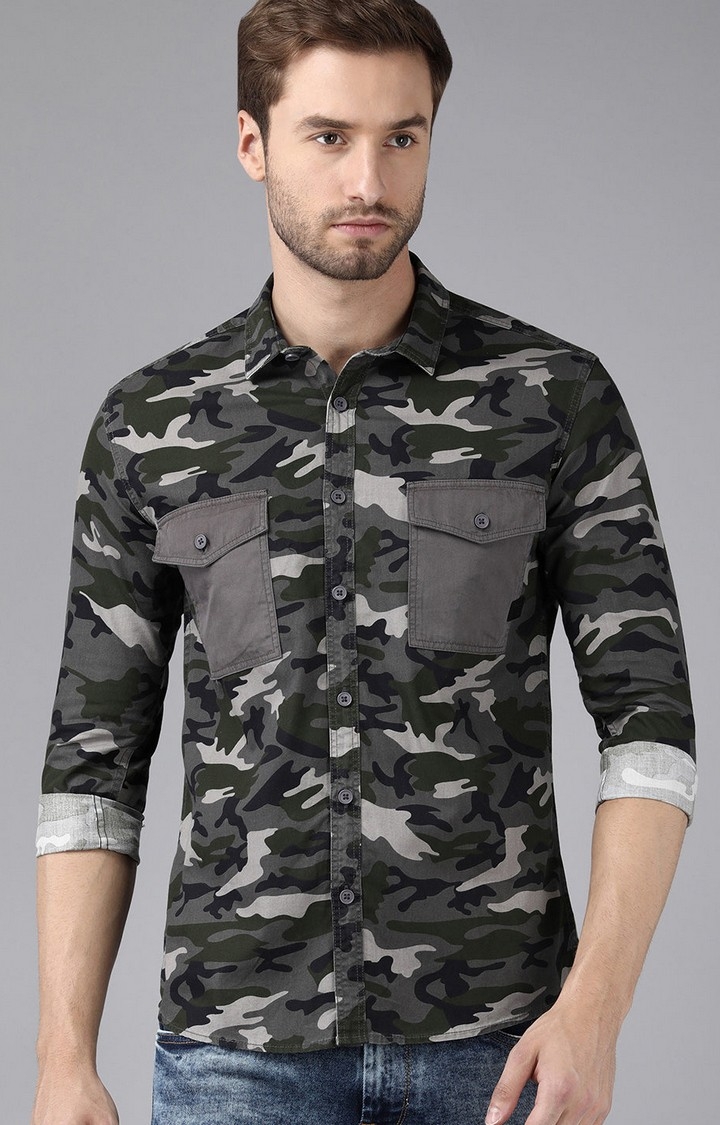 Men's Olive Cotton Camouflage Casual Shirt