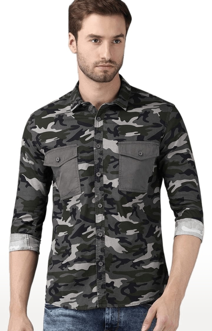 Men's Olive Cotton Camouflage Casual Shirt
