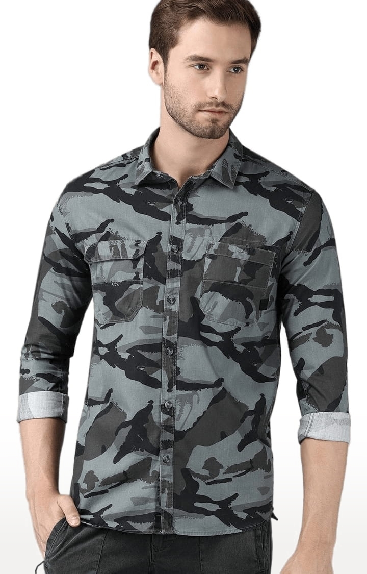 Men's Grey Cotton Camouflage Casual Shirt