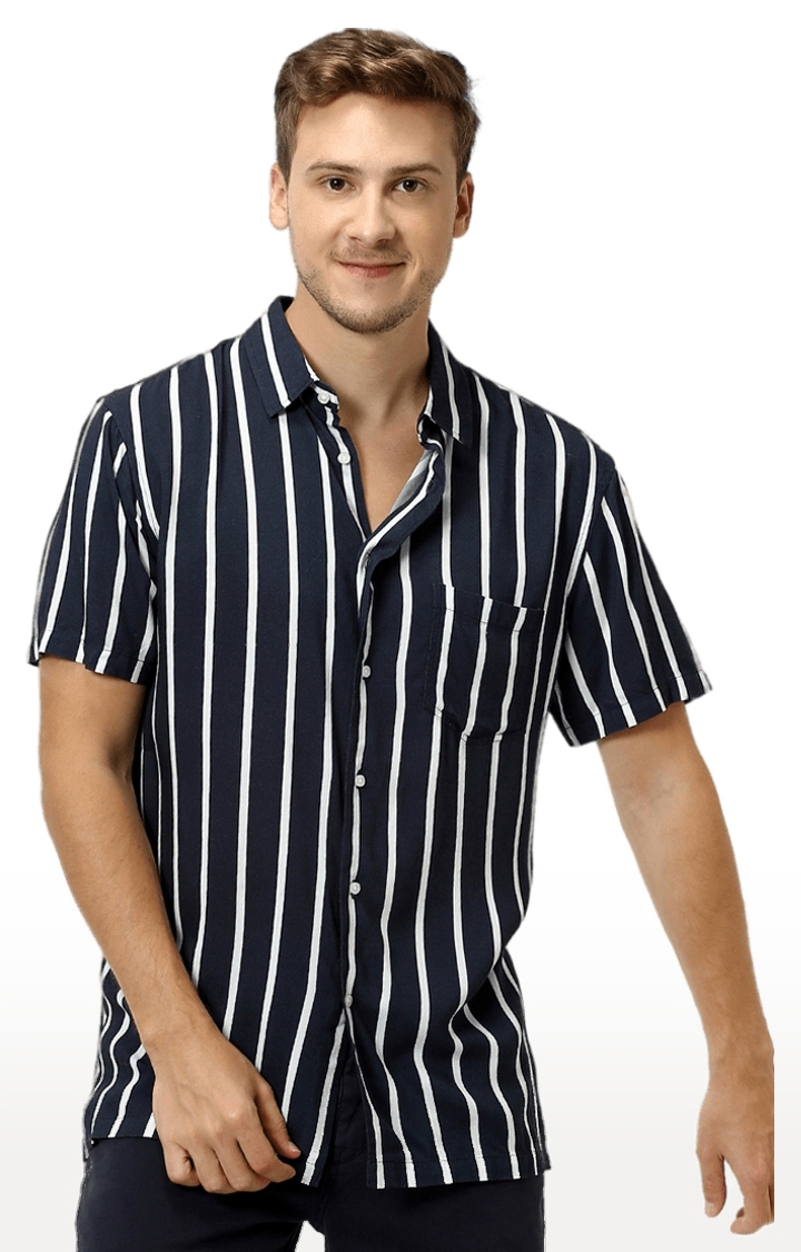 Men's Navy Blue Viscose Striped Casual Shirt