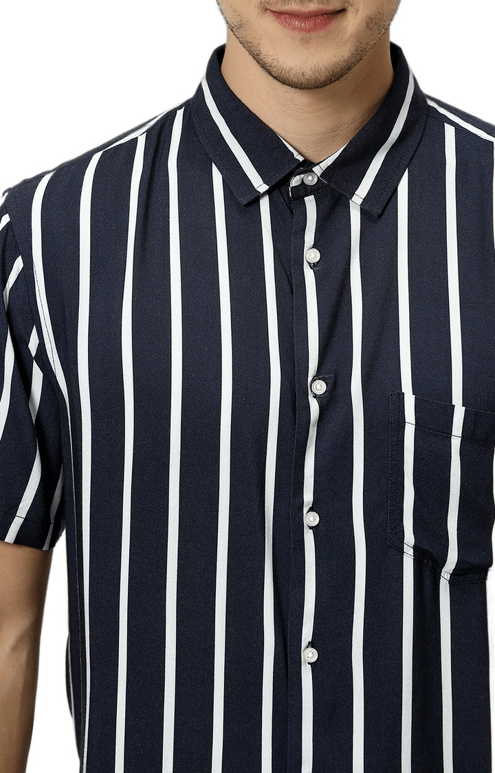 Men's Navy Blue Viscose Striped Casual Shirt