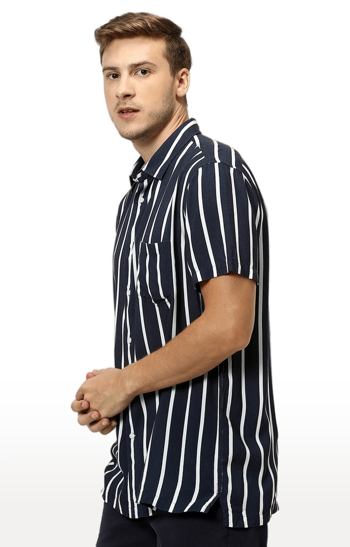 Men's Navy Blue Viscose Striped Casual Shirt
