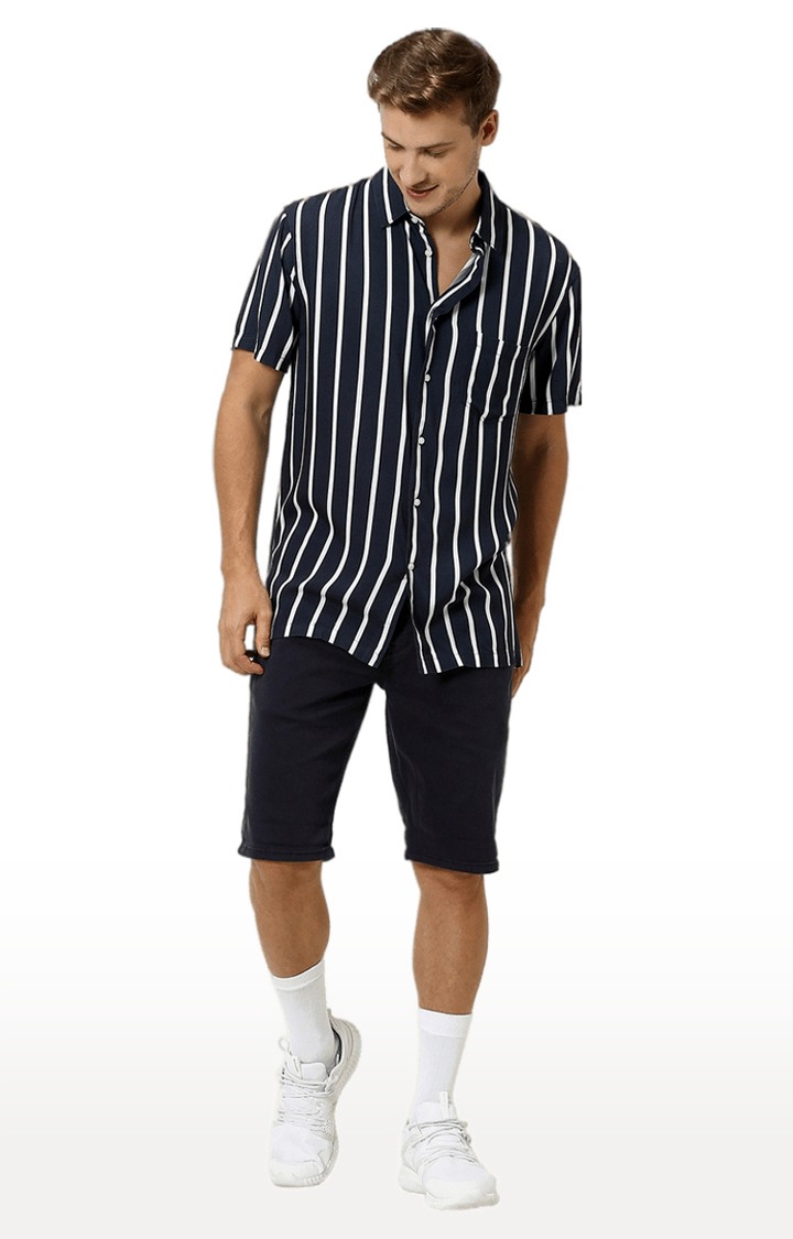 Men's Navy Blue Viscose Striped Casual Shirt