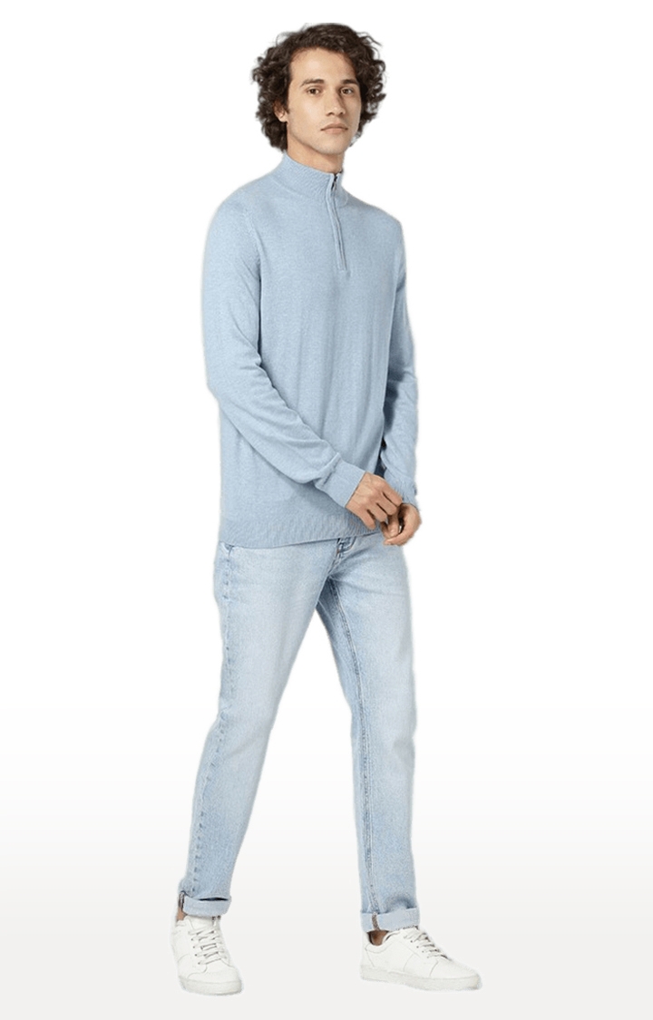 Men's Light Blue Cotton Blend Solid SweatShirt