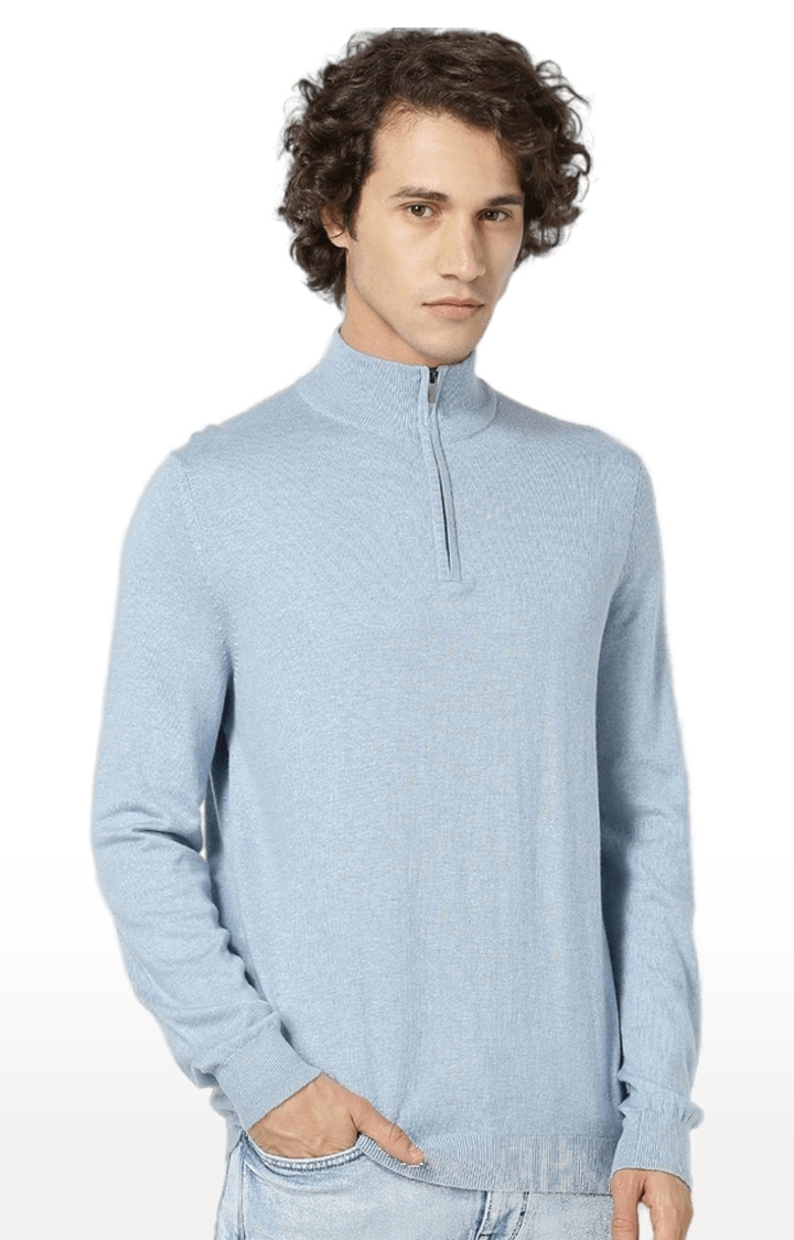 Men's Light Blue Cotton Blend Solid SweatShirt