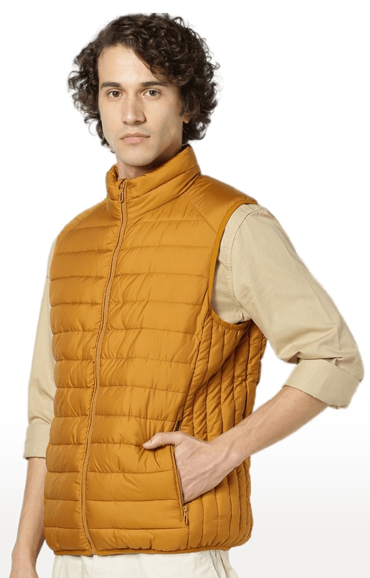 Men's Yellow Polyester Solid Gilet