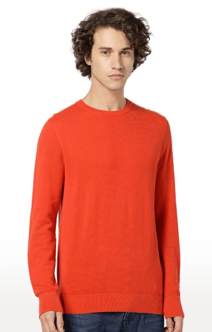Men's Orange Cotton Solid Sweaters