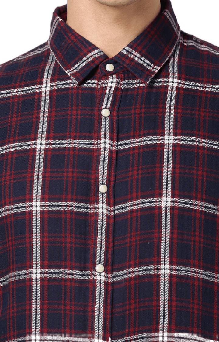 Men's Blue and Red Cotton Checked Casual Shirt