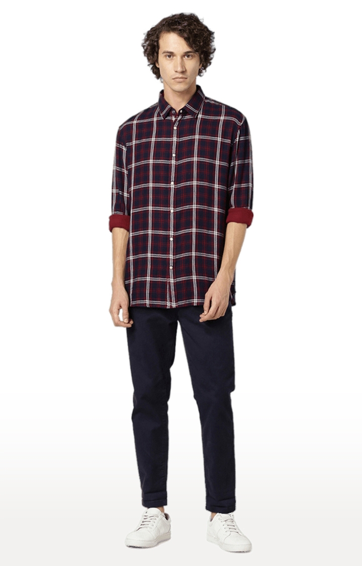 Men's Blue and Red Cotton Checked Casual Shirt