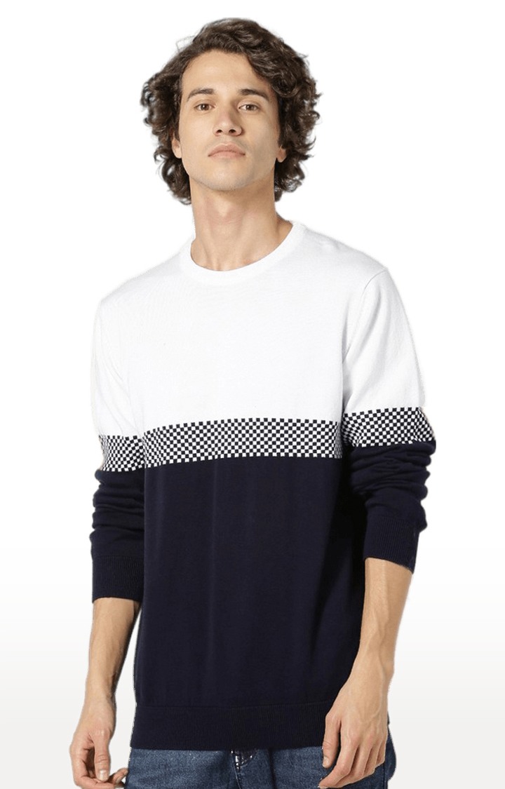 Men's Blue and White Cotton Colourblock Sweaters
