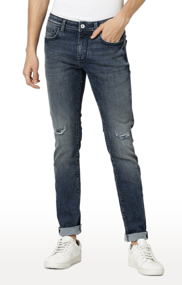 Men's Blue Cotton Blend Solid Ripped Jeans