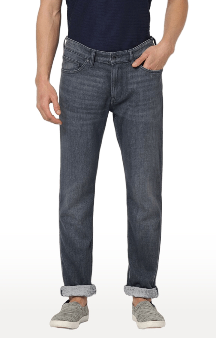 Men's Grey Cotton Blend Solid Tapered Jeans