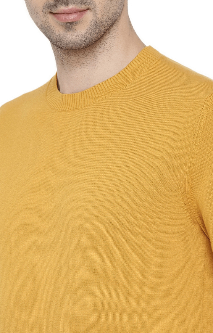 Men's Mustard Yellow Cotton Solid Sweaters