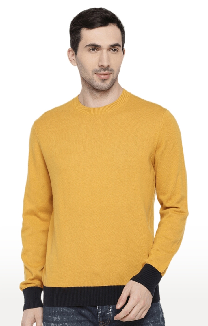 Men's Mustard Yellow Cotton Solid Sweaters