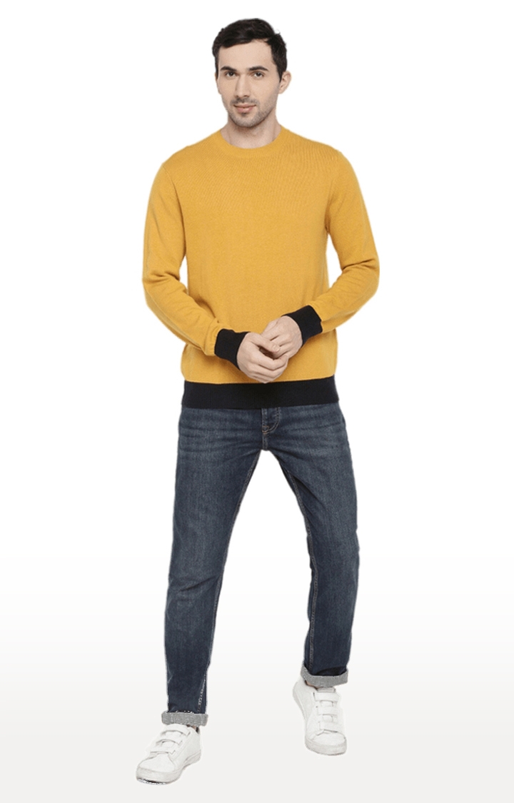 Men's Mustard Yellow Cotton Solid Sweaters