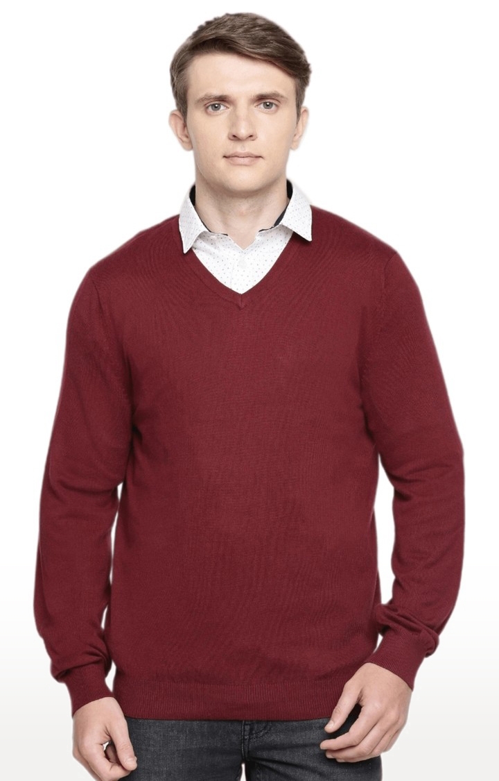 celio | Men's Maroon Cotton Blend Solid Sweaters