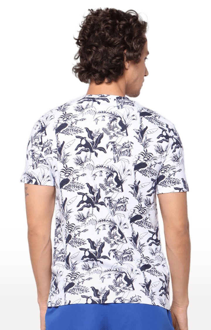 Men's Off White and Blue Cotton Printed Regular T-Shirt