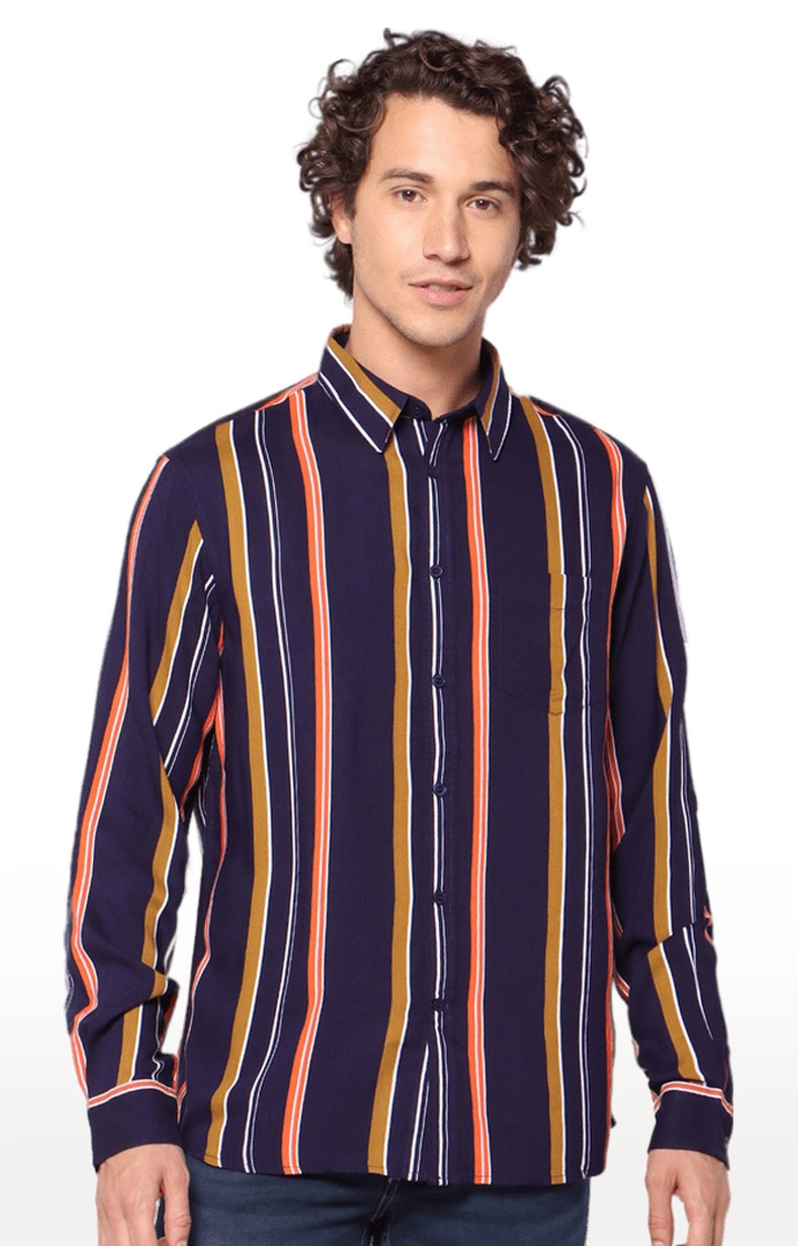 Men's Blue Viscose Striped Casual Shirt