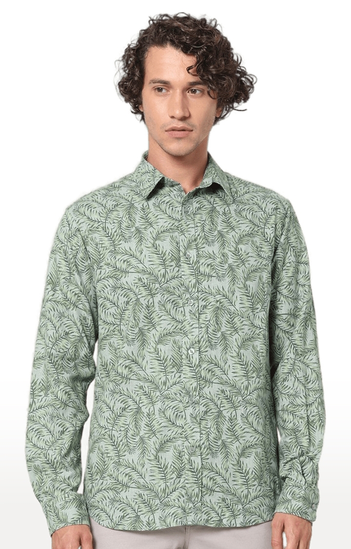 Men's Green Linen Blend Printed Casual Shirt