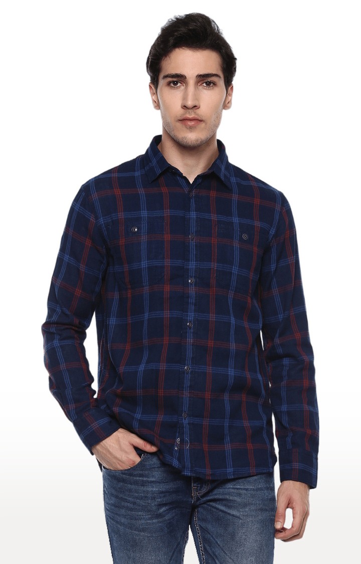 Men's Navy Blue Cotton Checked Casual Shirt