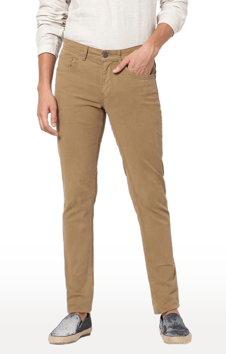 Men's Brown Cotton Blend Solid Slim Jeans