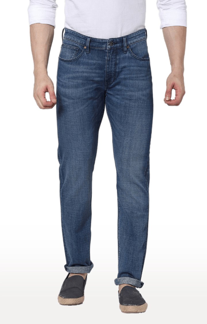Men's Blue Cotton Blend Solid Tapered Jeans
