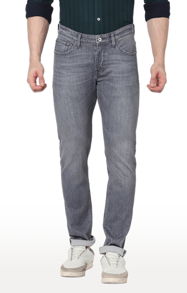 Men's Grey Cotton Blend Solid Tapered Jeans