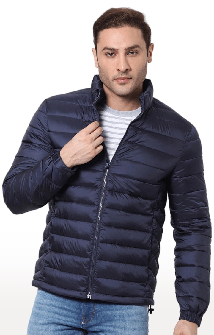 Men's Navy Blue Polyester Solid Bomber Jackets
