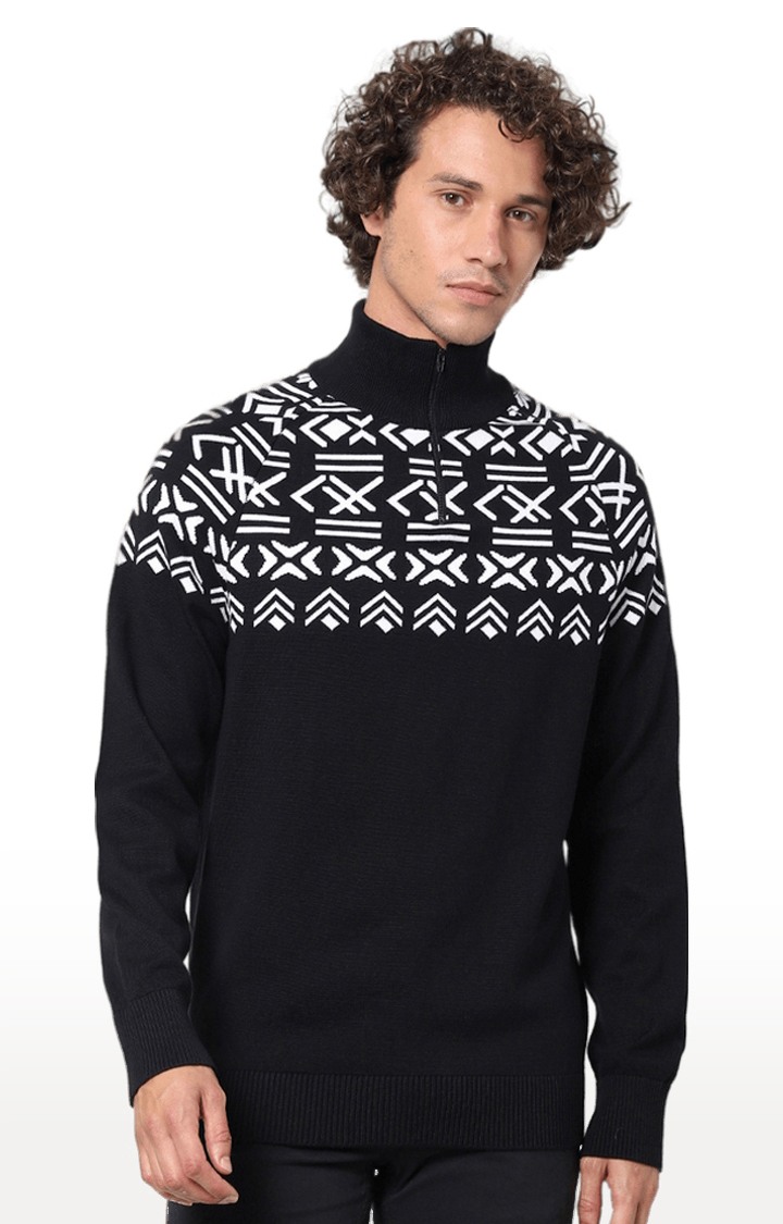 celio | Men's Black Cotton Printed Sweaters