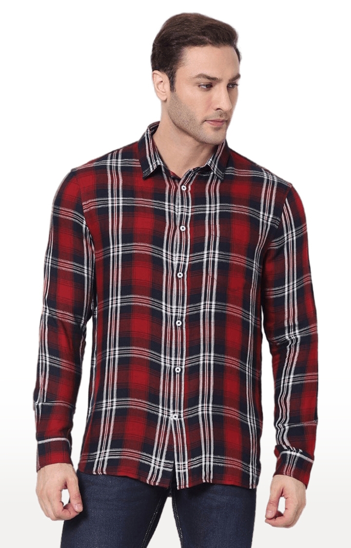 Men's Red and Blue Viscose Checked Casual Shirt