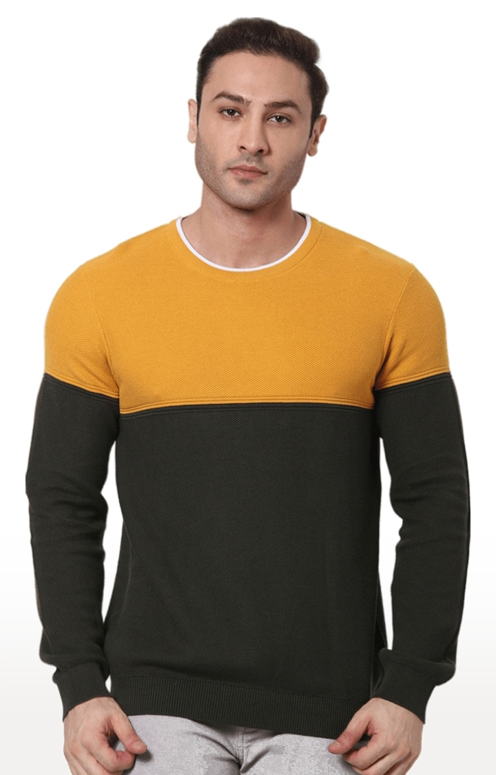 Men's Mustard Yellow Cotton Colourblock Sweaters