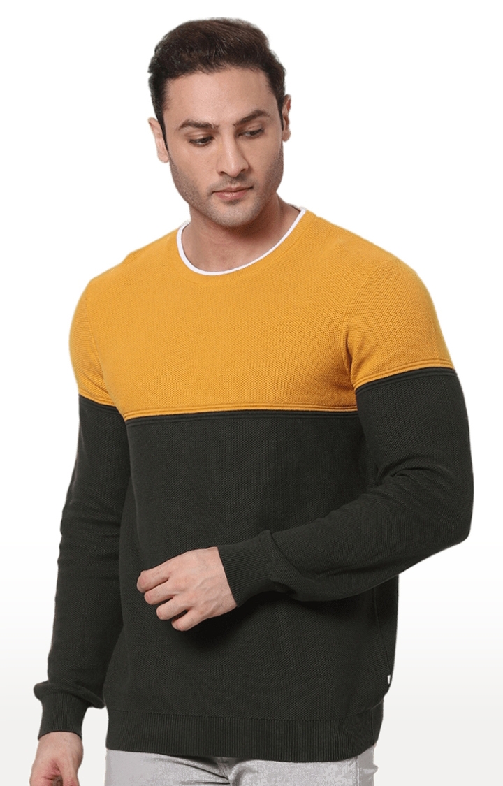 Men's Mustard Yellow Cotton Colourblock Sweaters