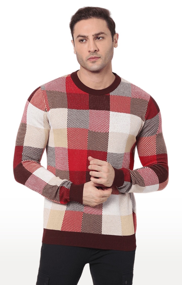 Men's Red Cotton Checked Sweaters