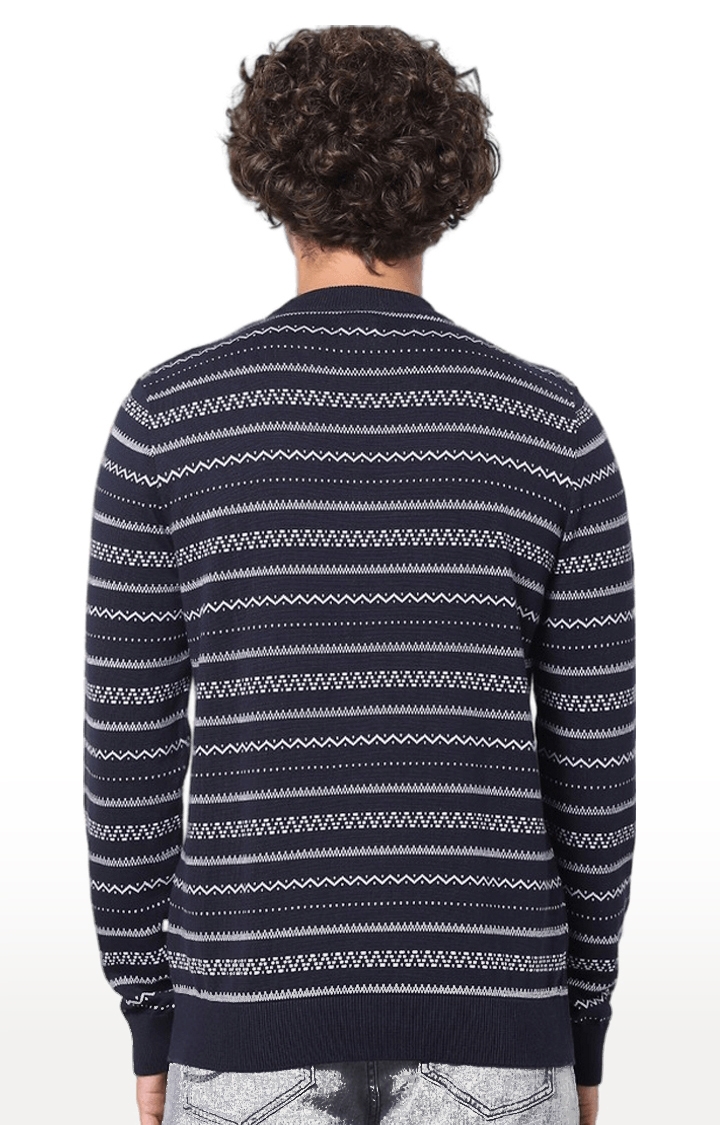 Men's Navy Blue Cotton Striped Sweaters