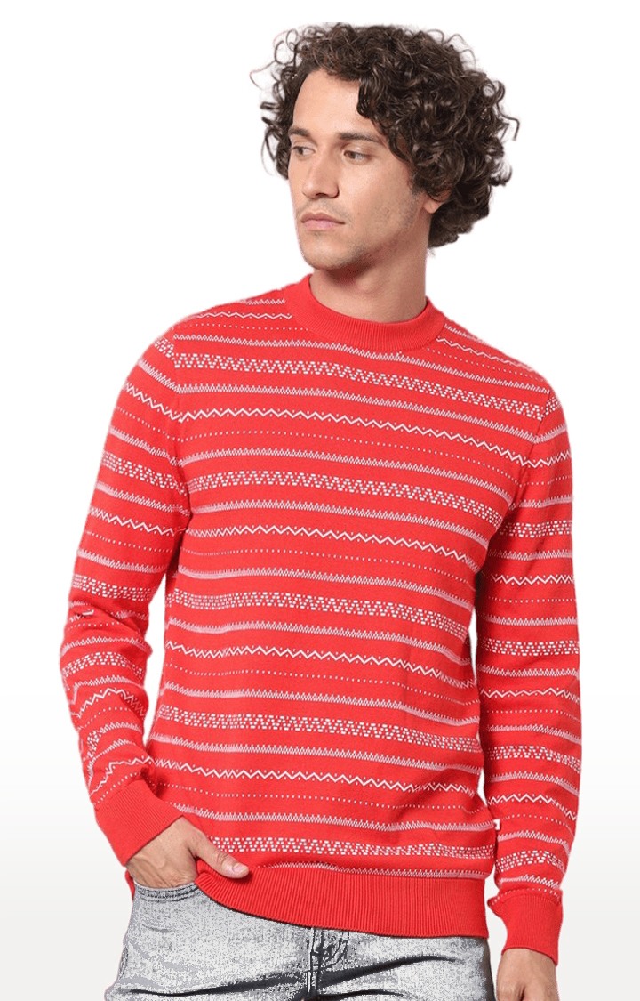 Men's Orange Cotton Striped Sweaters
