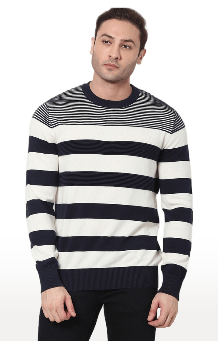Men's Navy Blue and White Cotton Striped Sweaters