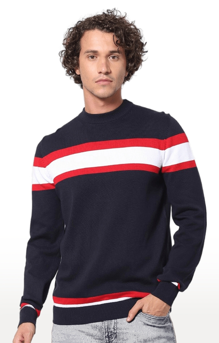 Men's Blue Cotton Striped Sweaters