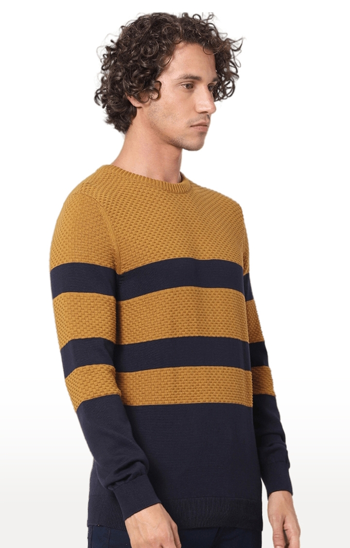 Men's Yellow Cotton Striped Sweaters