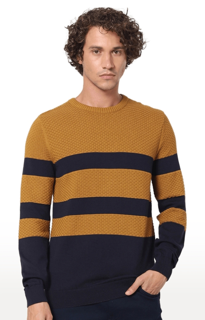 Men's Yellow Cotton Striped Sweaters